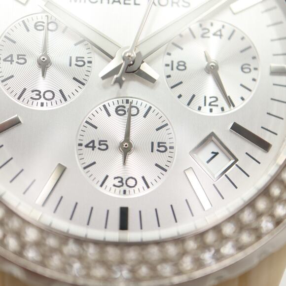 Michael Kors 42mm Chronograph Watch 6" Jet Set Horn Beige Acrylic w New Battery - Picture 8 of 13